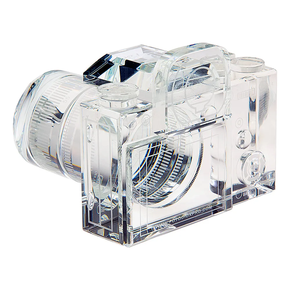 Fotodiox Crystal Camera - 9/10 Sized Replica of Fujifilm X-T w/ XF 18-55mm RLM OIS Lens; Paperweight, Book Shelf, Bookends