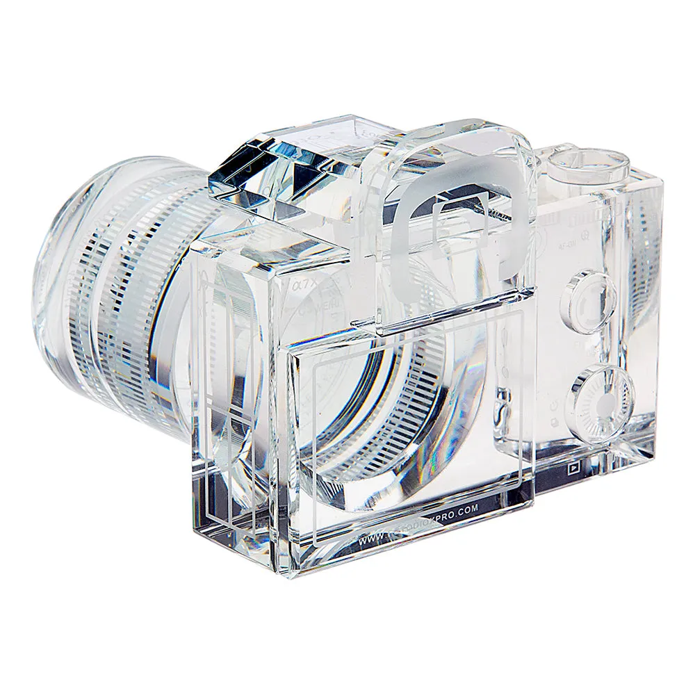 Fotodiox Crystal Camera - 9/10 Sized Replica of Sony a7 w/ 28-70mm OSS Lens; Paperweight, Book Shelf, Bookends