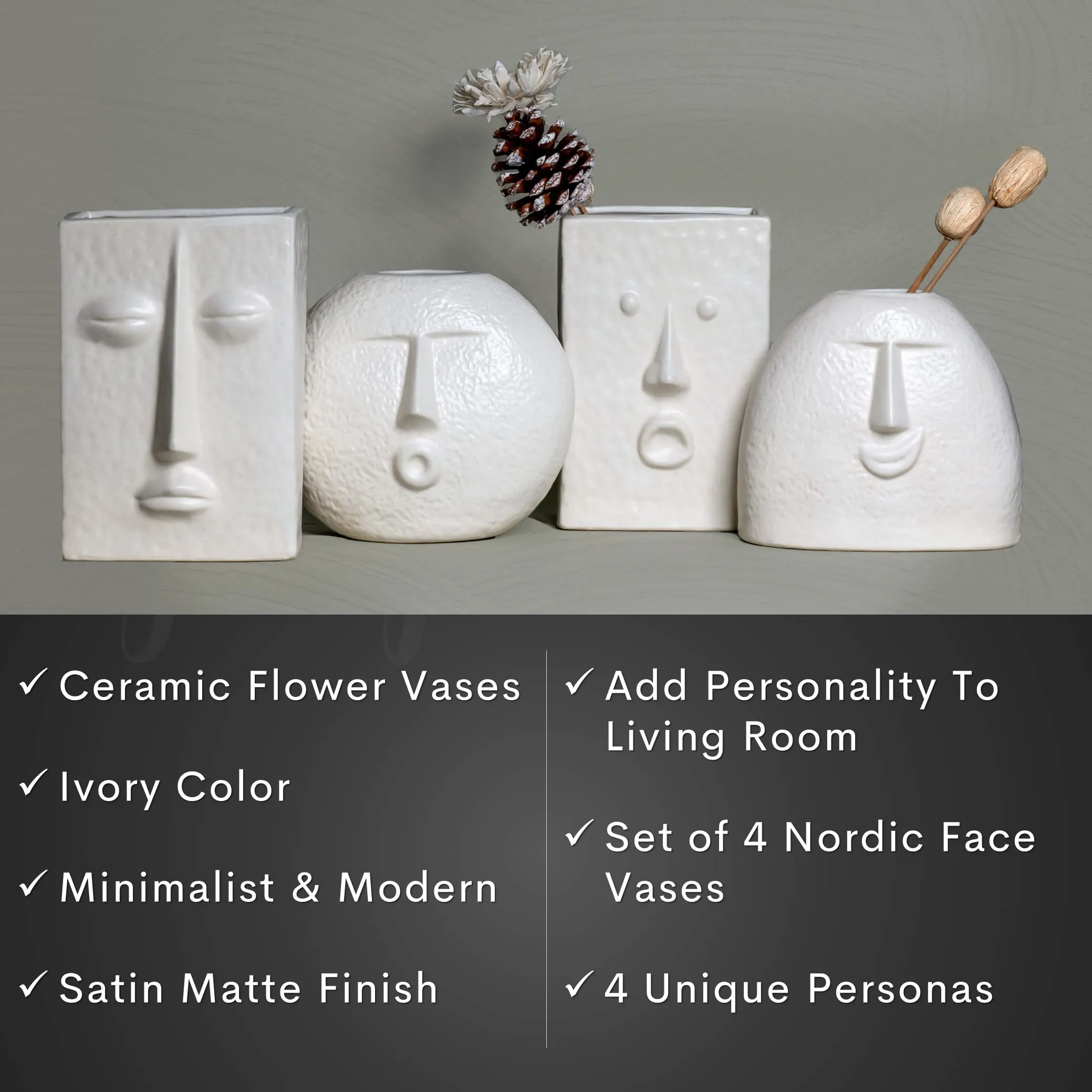 Glimpse Homes | The Nordic Face Vases Collection | Set of 4 | Ivory, Satin Matte Finish