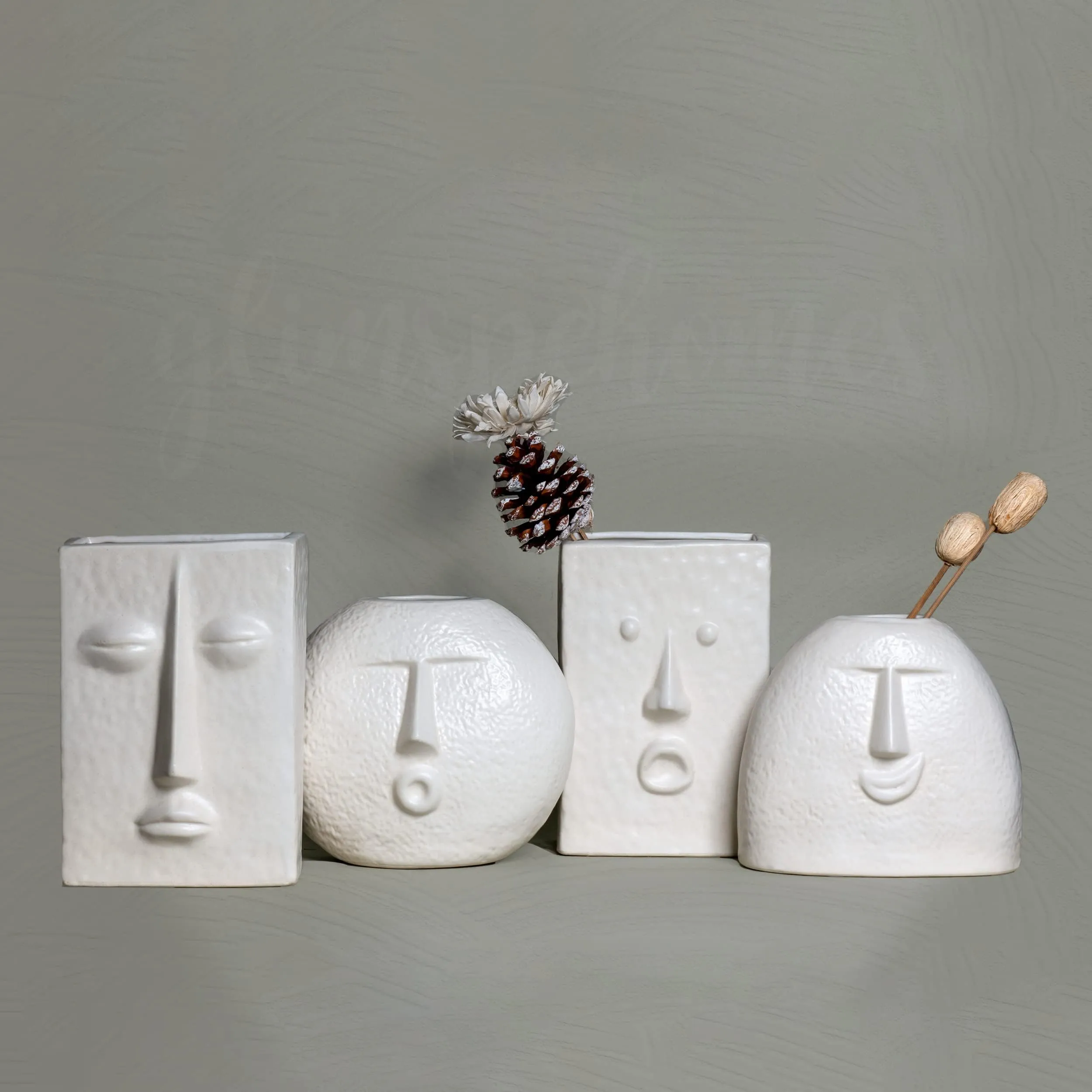 Glimpse Homes | The Nordic Face Vases Collection | Set of 4 | Ivory, Satin Matte Finish