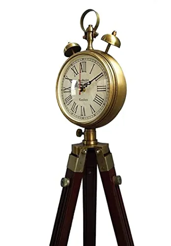 HABEEBA ART Wooden and Metal Tripod Clock with Stand Brass and Brown Two Bell Antique Look Floor Clock Home Decor