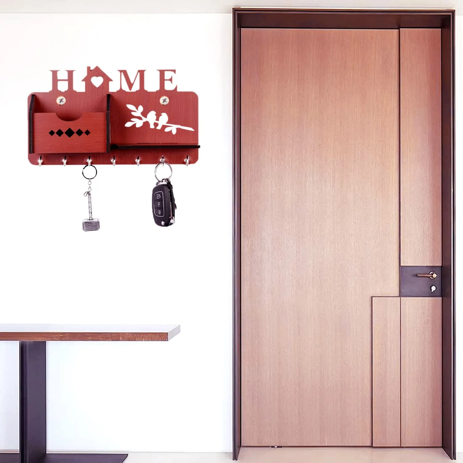 Heart Home Wood Home Design Wall 7 Hooks Key Holder | Mail Holder with Stand & Extra Shelf for Home Decorations (Brown)