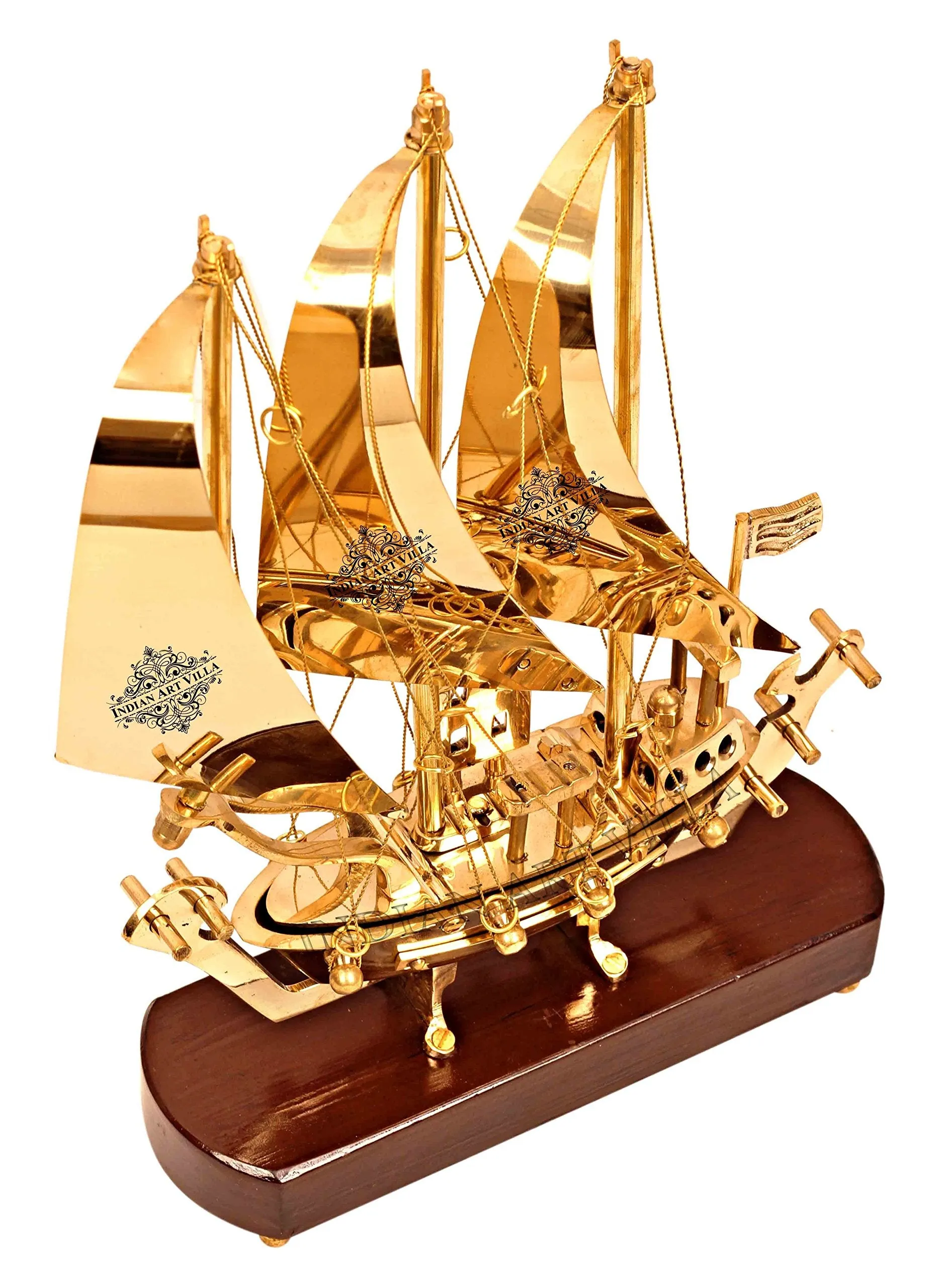 INDIAN ART VILLA Brass Ship with Wooden Base, Showpiece Item, Perfect for Home Decoration and Gifting, 12'' Inch