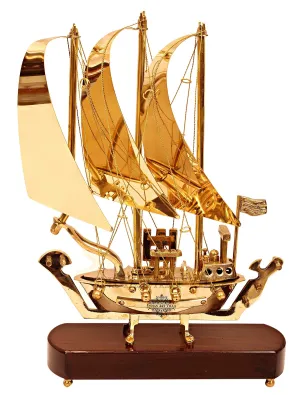 INDIAN ART VILLA Brass Ship with Wooden Base, Showpiece Item, Perfect for Home Decoration and Gifting, 12'' Inch