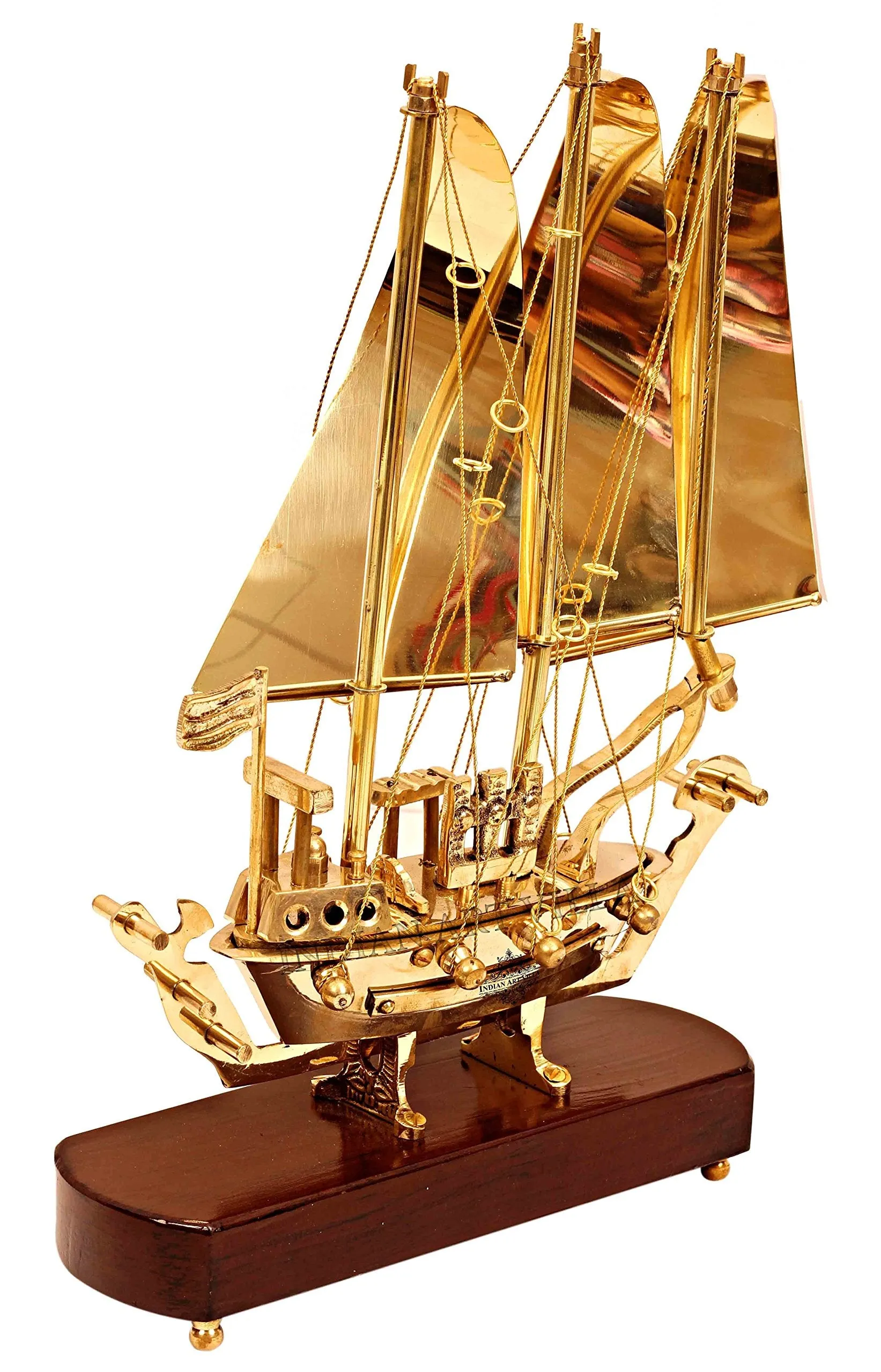 INDIAN ART VILLA Brass Ship with Wooden Base, Showpiece Item, Perfect for Home Decoration and Gifting, 12'' Inch