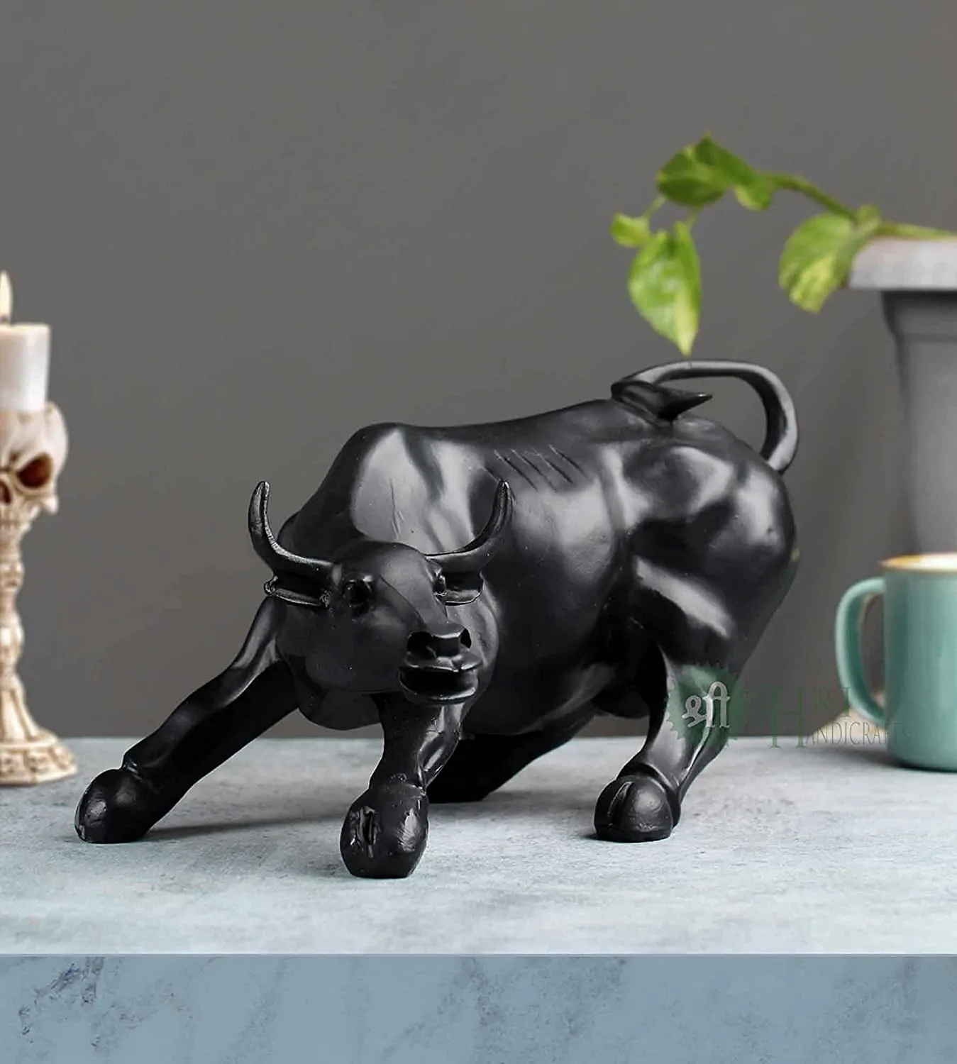 Indicast Resin 10" Geometric Statue Bull Sculpture Ornament Abstract Animal Figurines Room Desk Decor Home Decoration (Black), Pack of 1