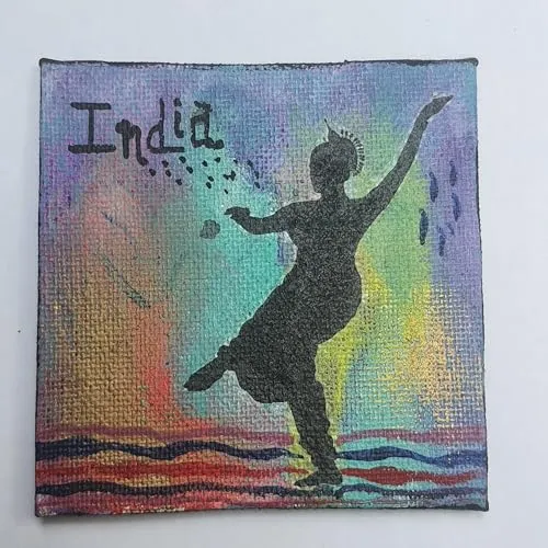 IndiHaatStore Souvenir Fridge Magnet Classical Indian Dance Form, Standing Playful Pose Purple Green Backdrop, Handmade Canvas Board Square Size 4x4 inches Approx