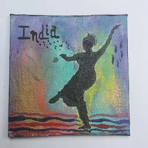 IndiHaatStore Souvenir Fridge Magnet Classical Indian Dance Form, Standing Playful Pose Purple Green Backdrop, Handmade Canvas Board Square Size 4x4 inches Approx