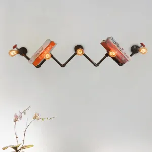 Industrial Style Wall Sconce with 5 Open Bulb Lights and Book Shelf Design in Black Metal