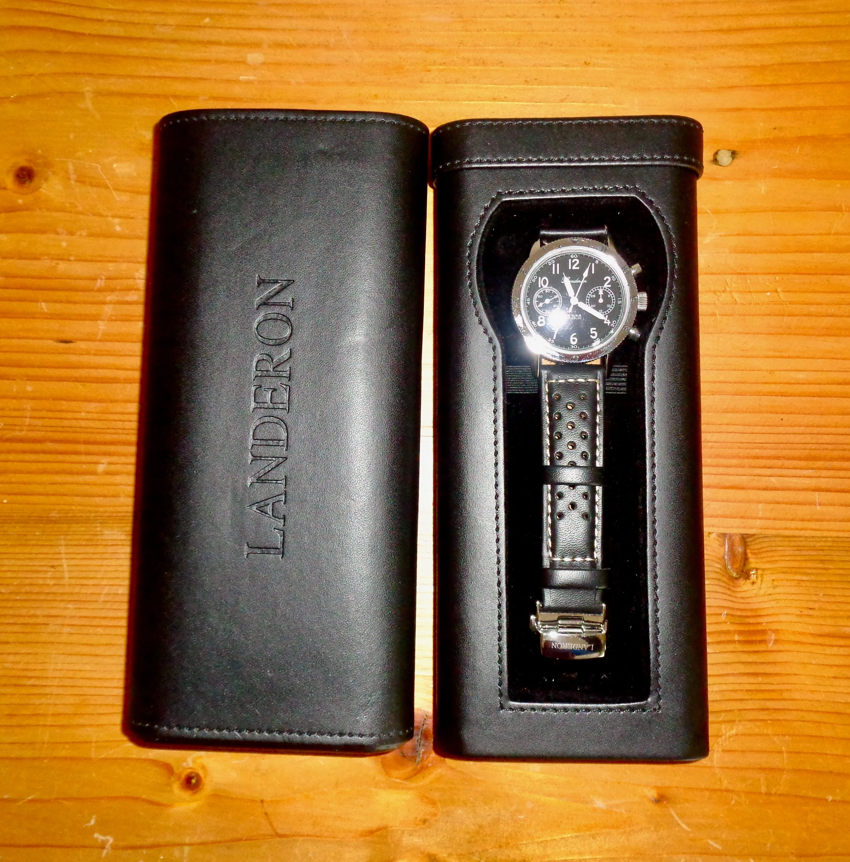 Landeron Type 20 Chronograph Watch In Black Leather and Stainless Steel