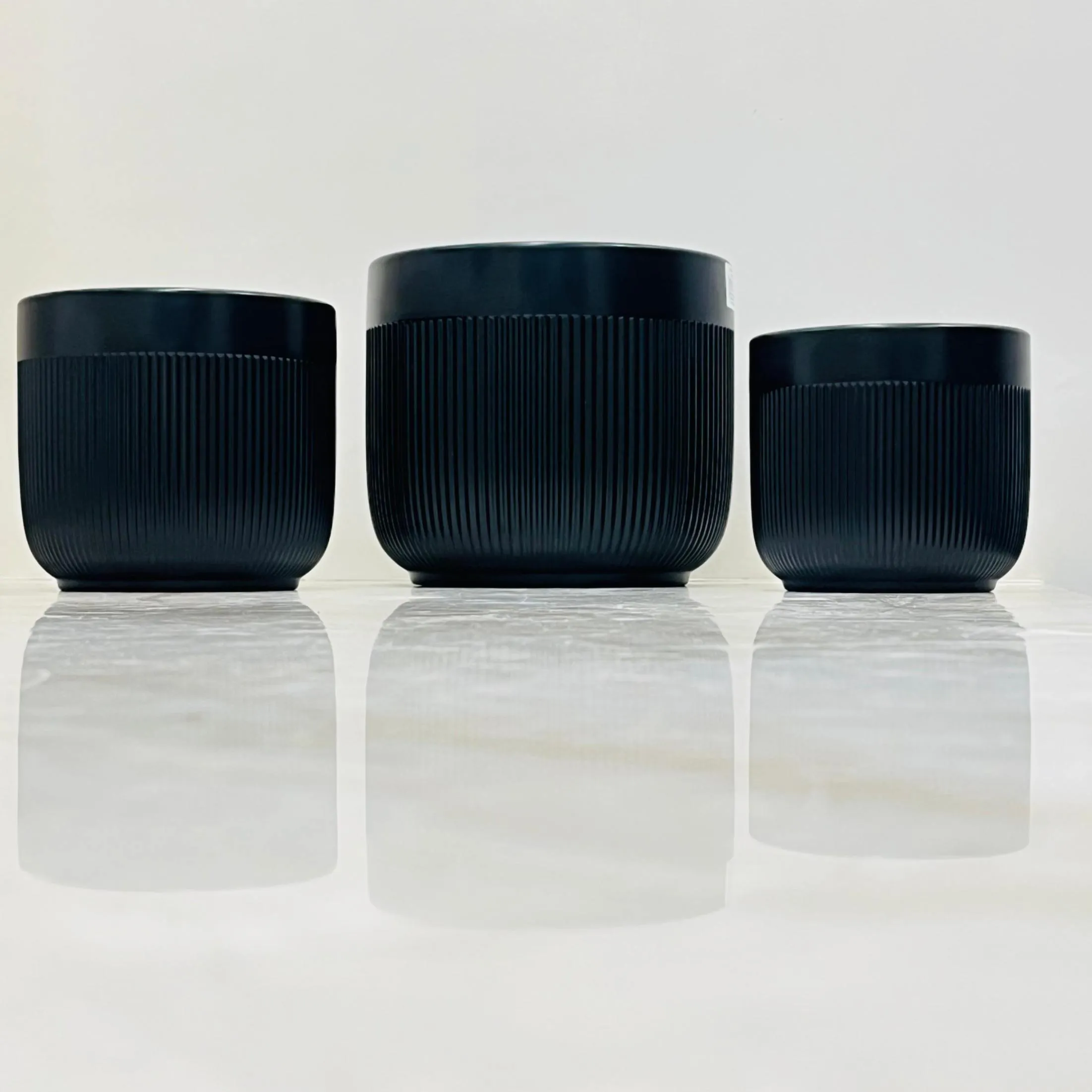 Matte Black Ribbed Ceramic Planter Set Of 3 - Modern Indoor Plant Pots