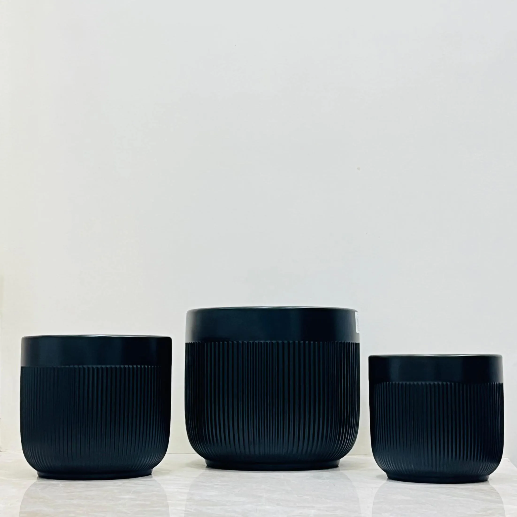 Matte Black Ribbed Ceramic Planter Set Of 3 - Modern Indoor Plant Pots