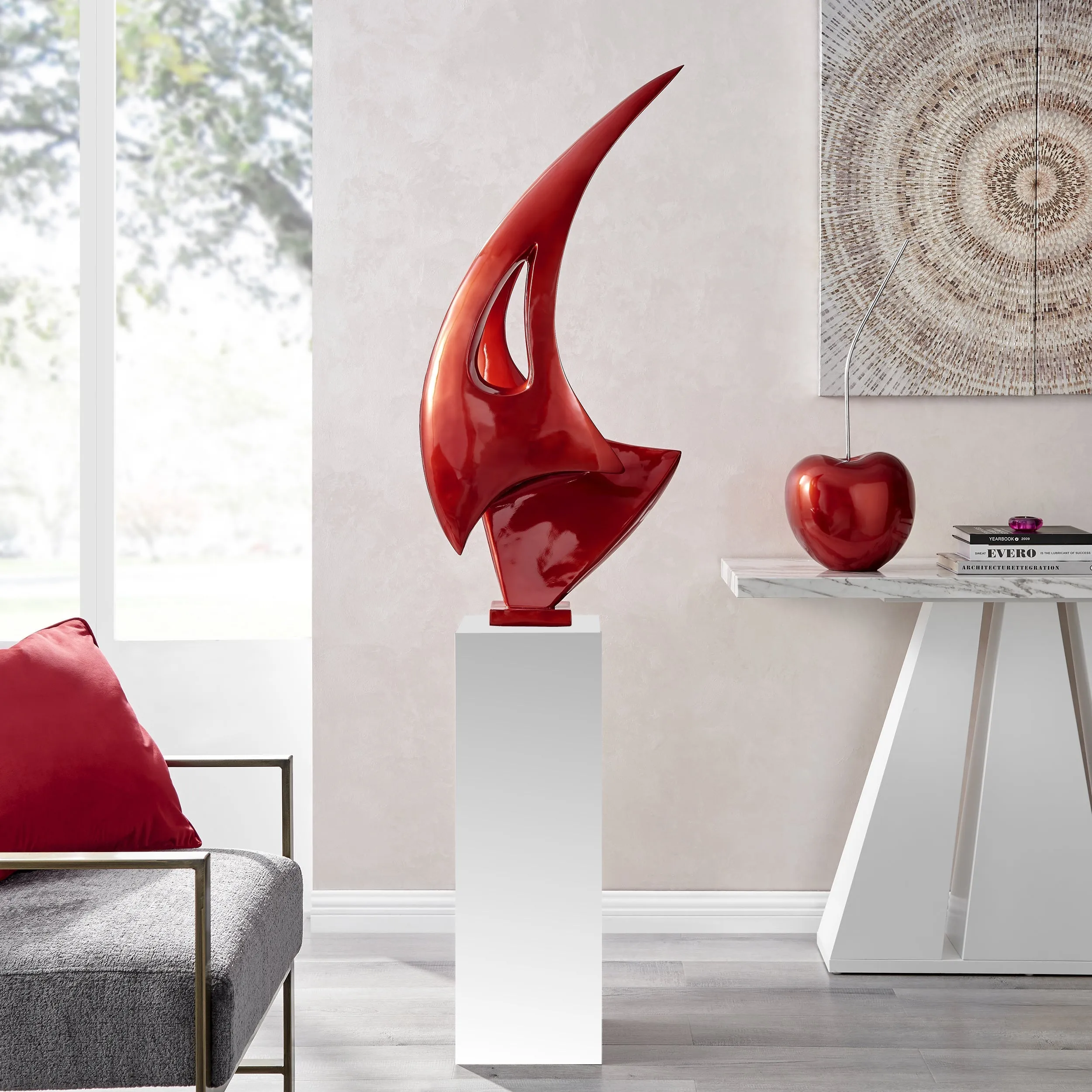 Metallic Red Sail Floor Sculpture With White Stand, 70" Tall