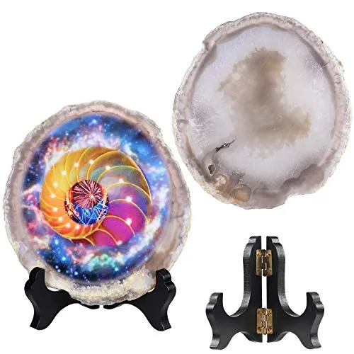 mookaitedecor Natural Agate Slice Art Print Multidimensional Space Diagram Table Display with Wooden Stand, Irregular Agate Geode Stone Figurine for Office & Home Decoration