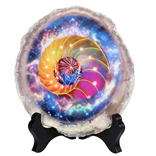 mookaitedecor Natural Agate Slice Art Print Multidimensional Space Diagram Table Display with Wooden Stand, Irregular Agate Geode Stone Figurine for Office & Home Decoration