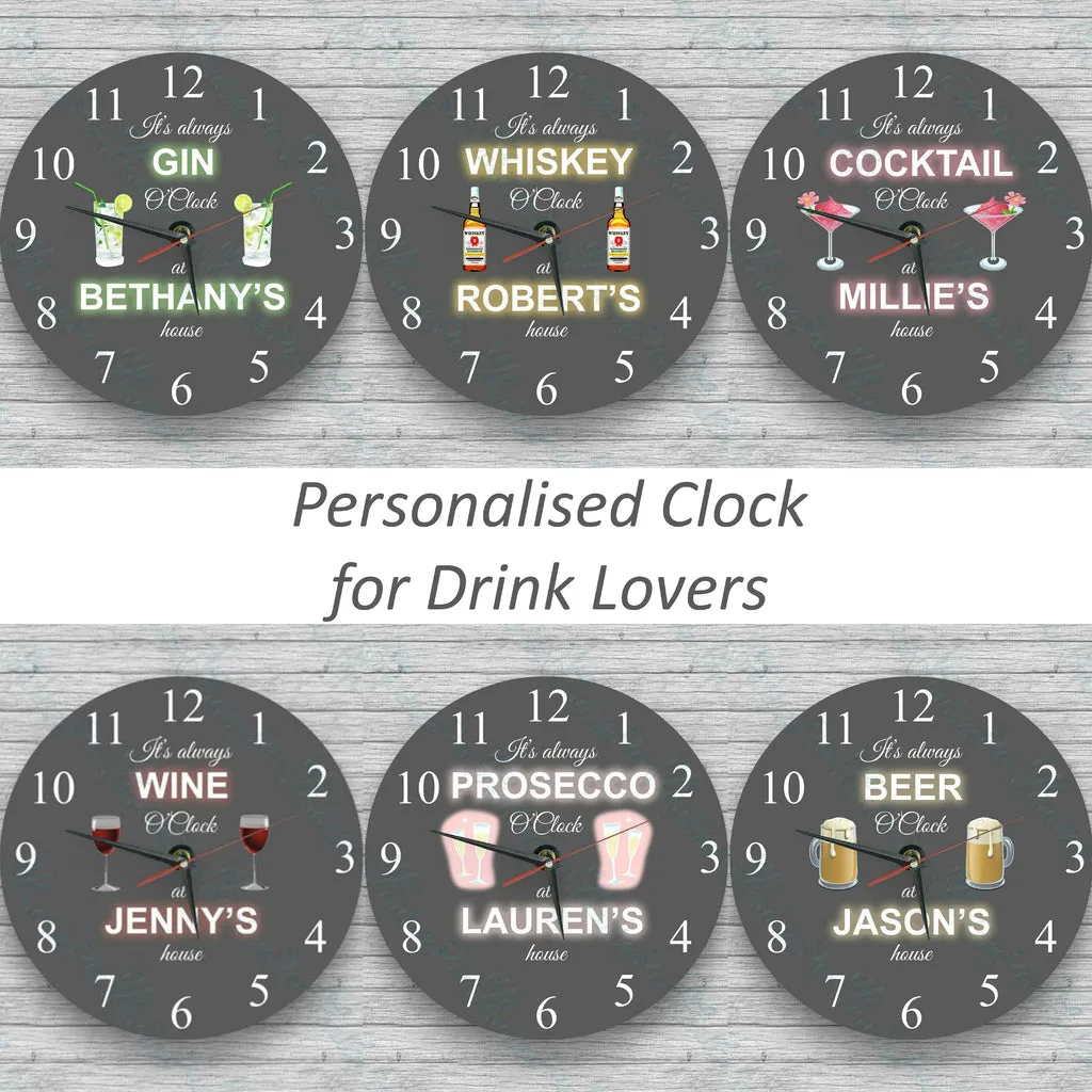 Personalised Wall glass clock - Wine o'clock and others alcohol clocks