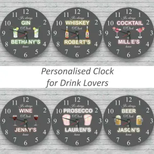 Personalised Wall glass clock - Wine o'clock and others alcohol clocks