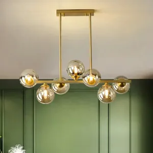 Postmodern Gold Finish Amber Glass Ball Island Hanging Lamp for Table Illumination