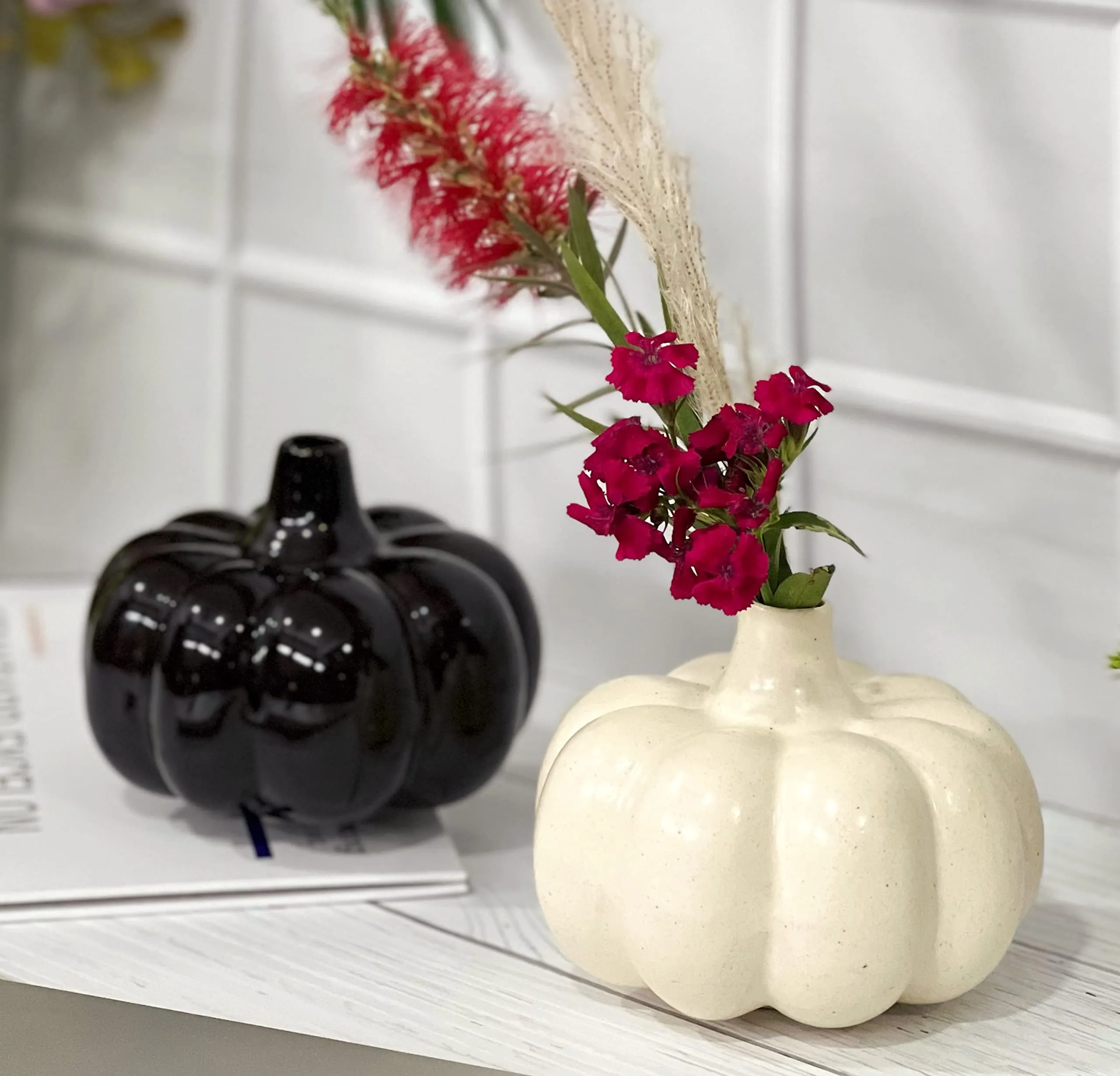 Praahi Lifestyle Handmade Ceramic Pumpkin vase - Set of 2 -Black & White - Modern Home - Office Table Decor vases - Living Room Center Table Ceramic Pot