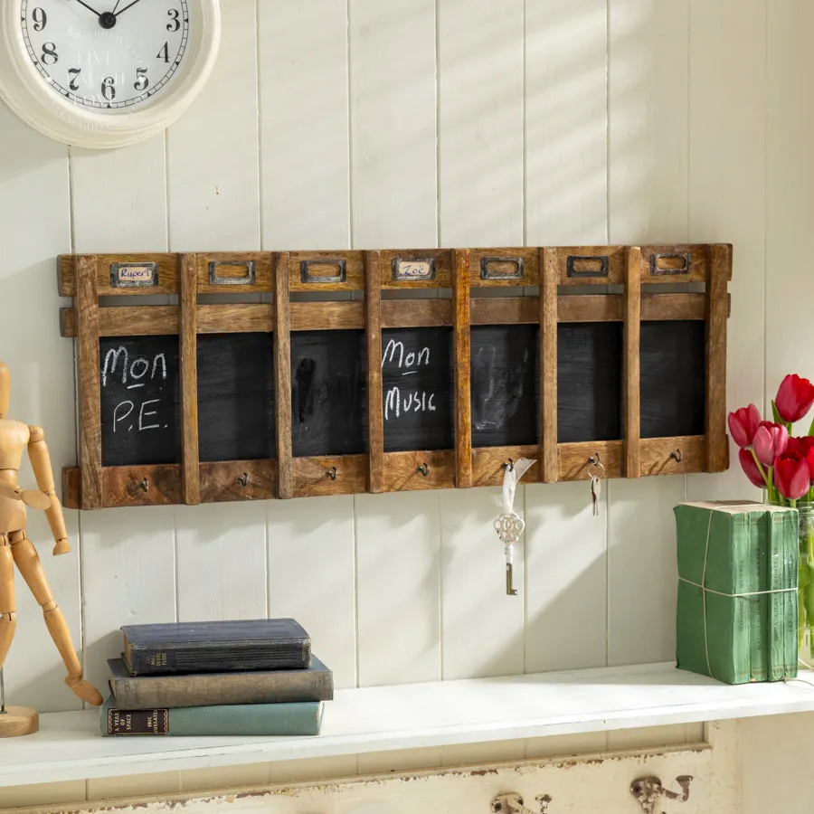 Rustic Wooden Weekly Planner with Chalkboard and Key Hooks - Wall Organizer