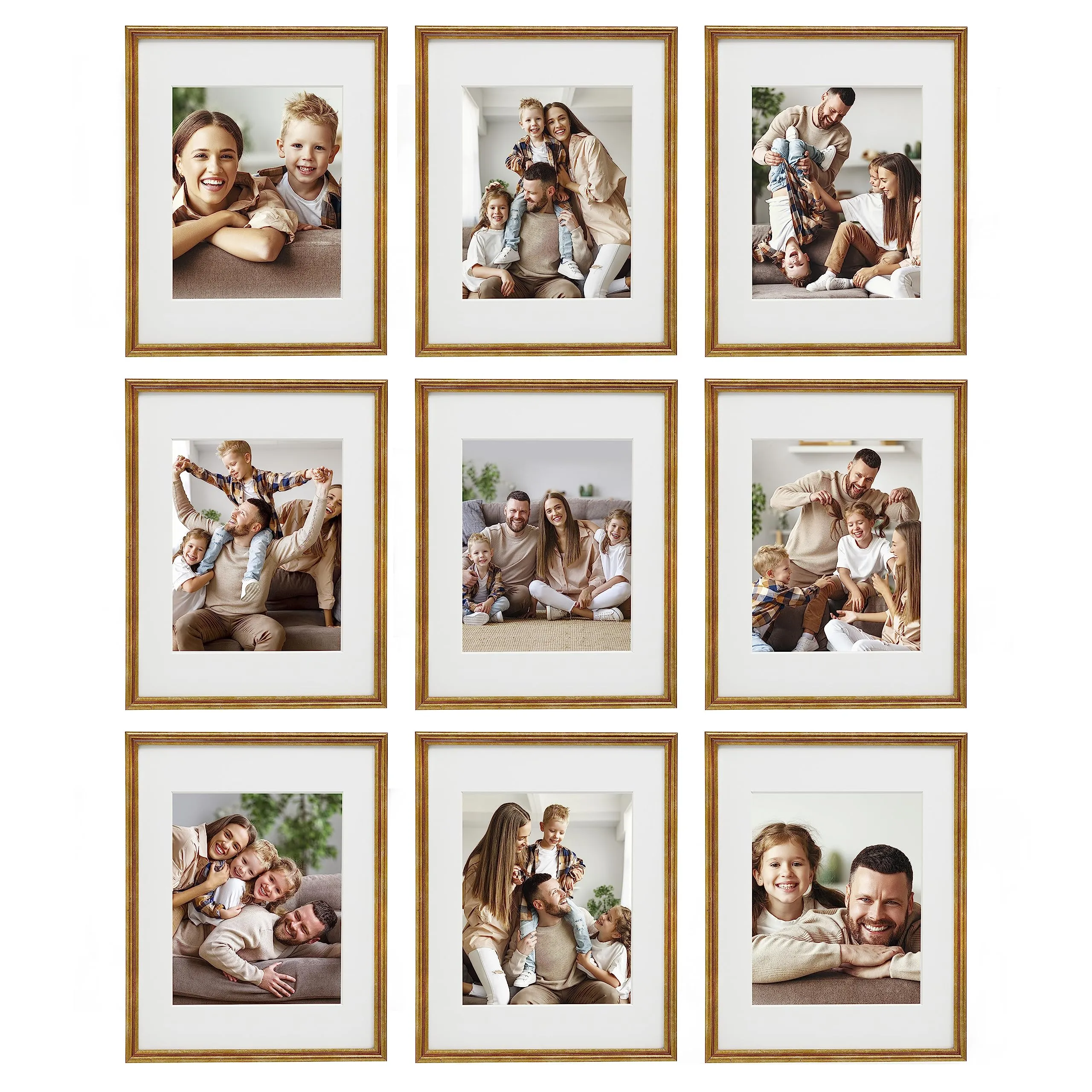 Sheffield Home 9 Piece Gallery Wall Frame Set, 11x14 Inch, Matted to 8x10 Inch, Antique Brass