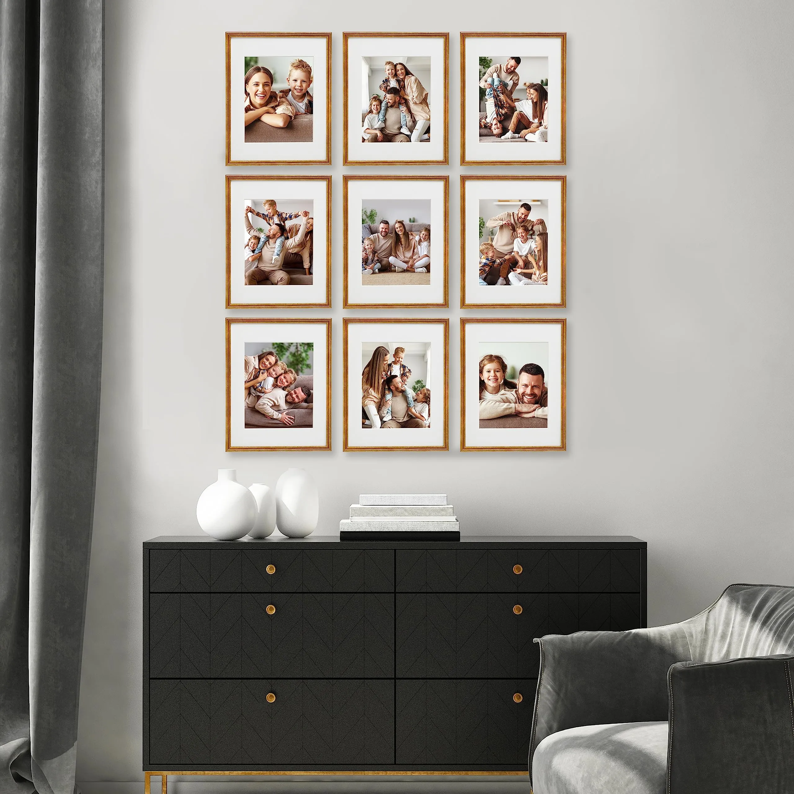 Sheffield Home 9 Piece Gallery Wall Frame Set, 11x14 Inch, Matted to 8x10 Inch, Antique Brass