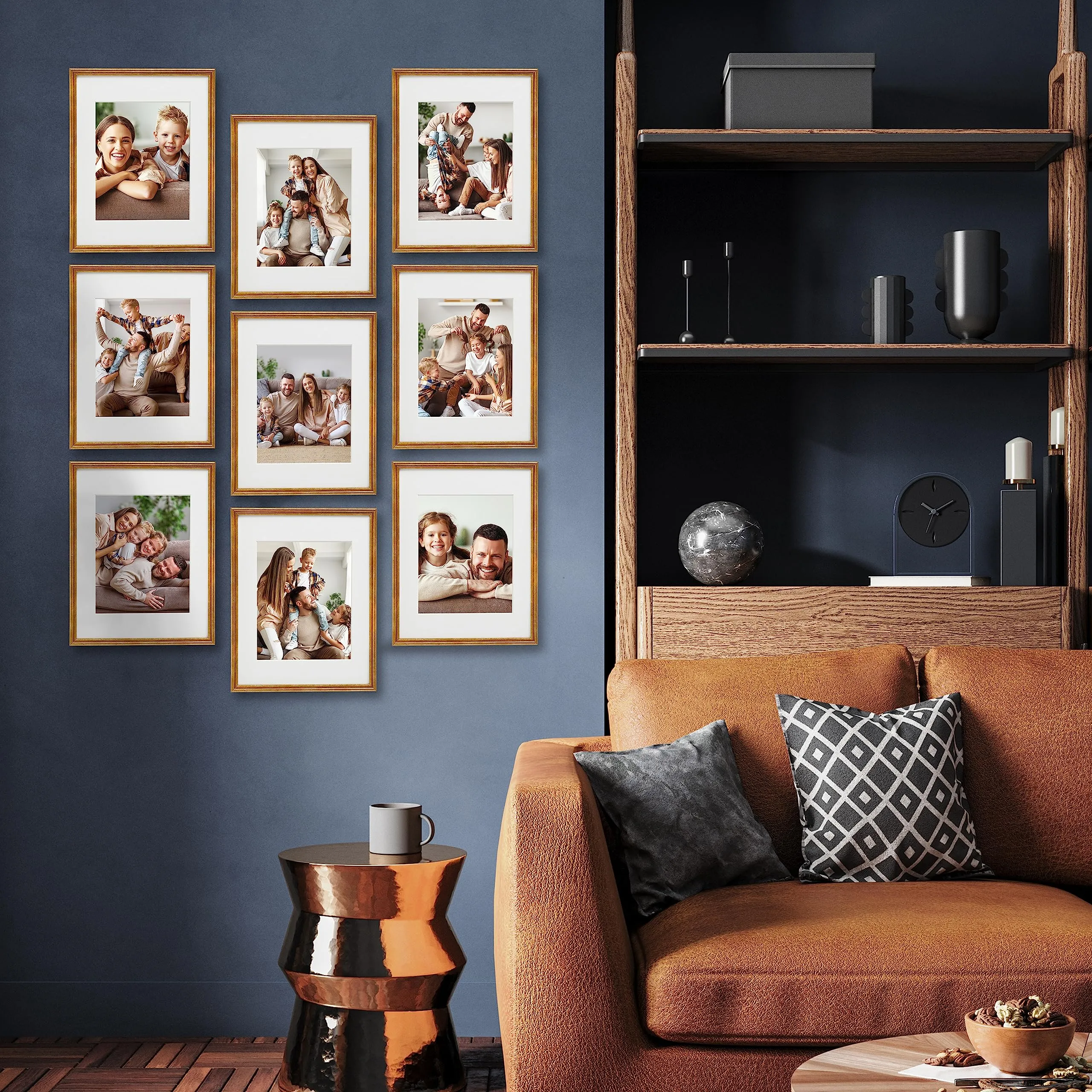 Sheffield Home 9 Piece Gallery Wall Frame Set, 11x14 Inch, Matted to 8x10 Inch, Antique Brass