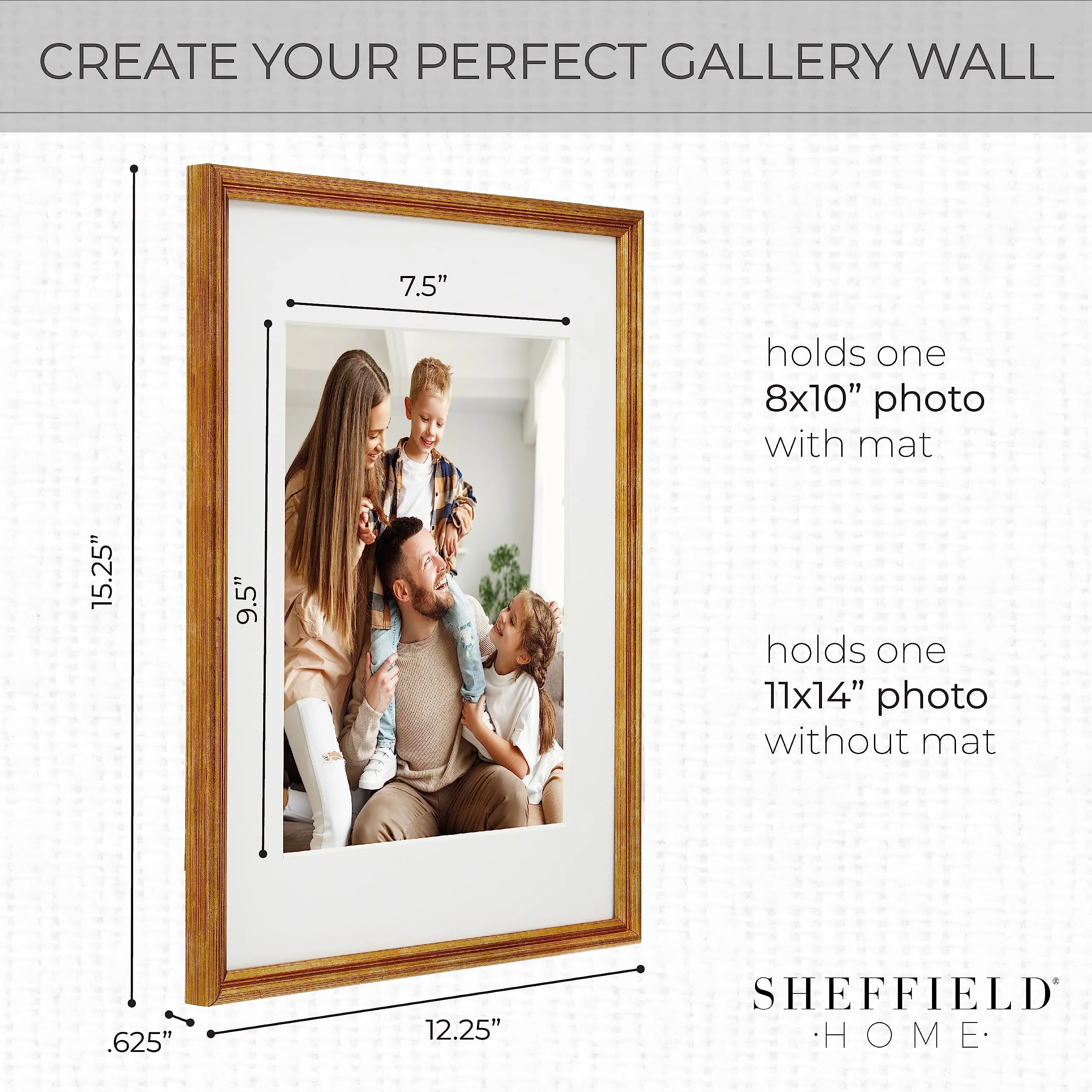 Sheffield Home 9 Piece Gallery Wall Frame Set, 11x14 Inch, Matted to 8x10 Inch, Antique Brass