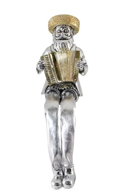 Silvered Polyresin Sitting Hassidic Figurine With Cloth Legs 19 Cm- Accordion Player