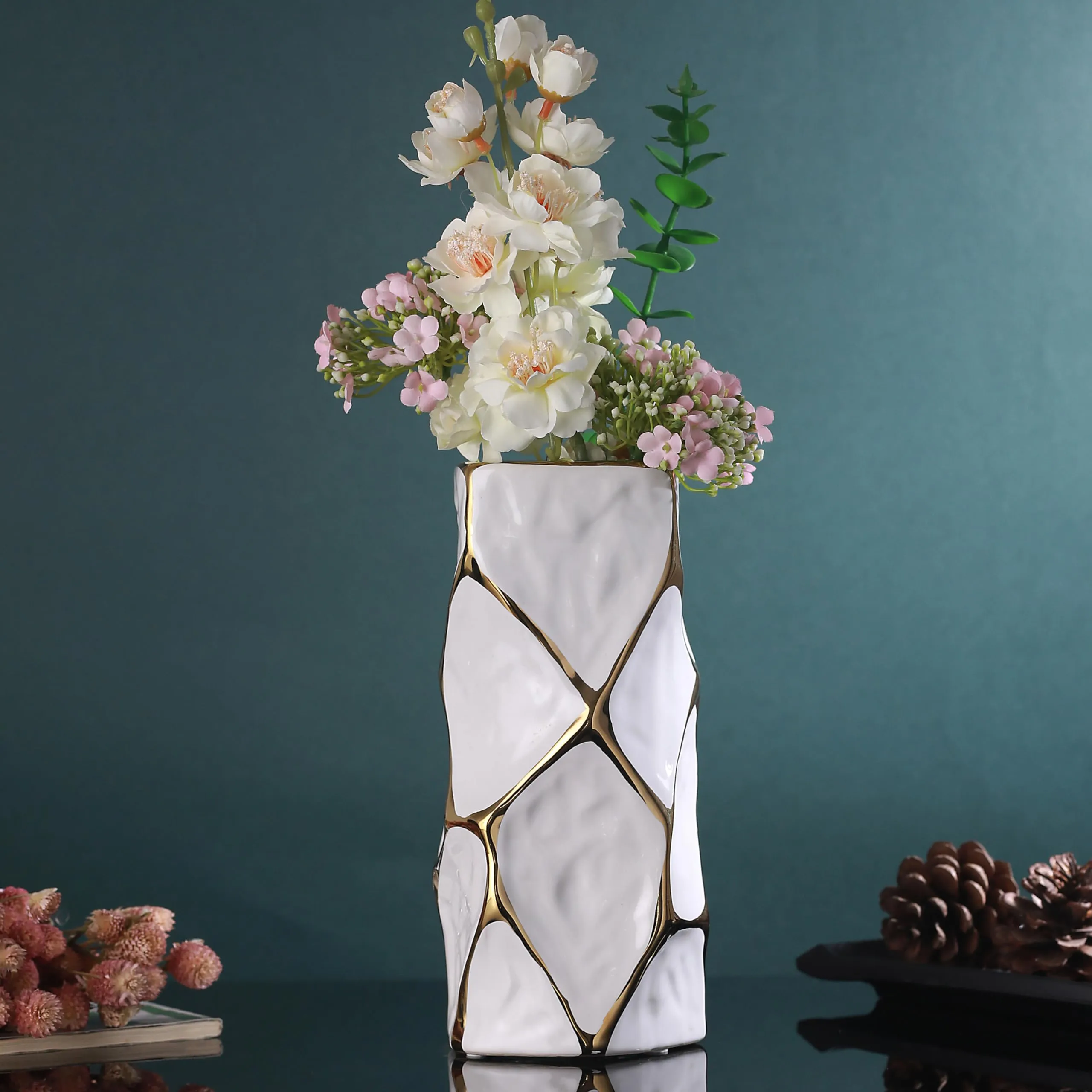 TIED RIBBONS Geometric Ceramic Flower Vase (Multi, 20.3 cm x 8 cm) for Home Decor Flower Plants Living Room Kitchen Centrepiece Office Table Decoration Items