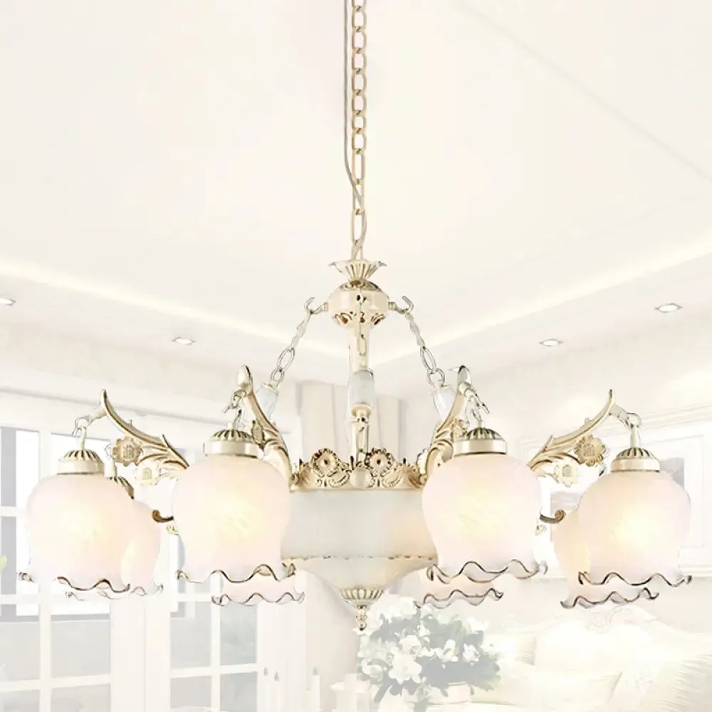 Traditional White Glass Chandelier - Flower Bud Design | Dining Room Drop Lamp, 11 Lights