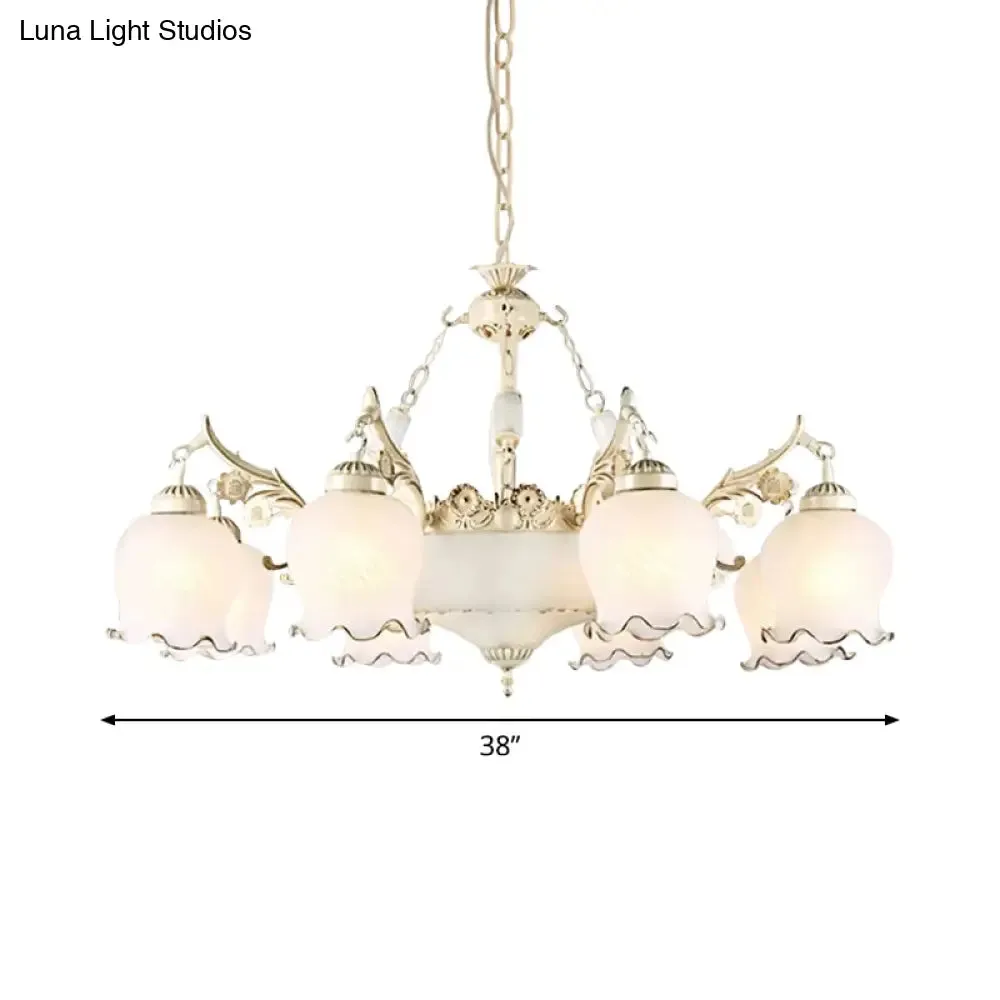 Traditional White Glass Chandelier - Flower Bud Design | Dining Room Drop Lamp, 11 Lights