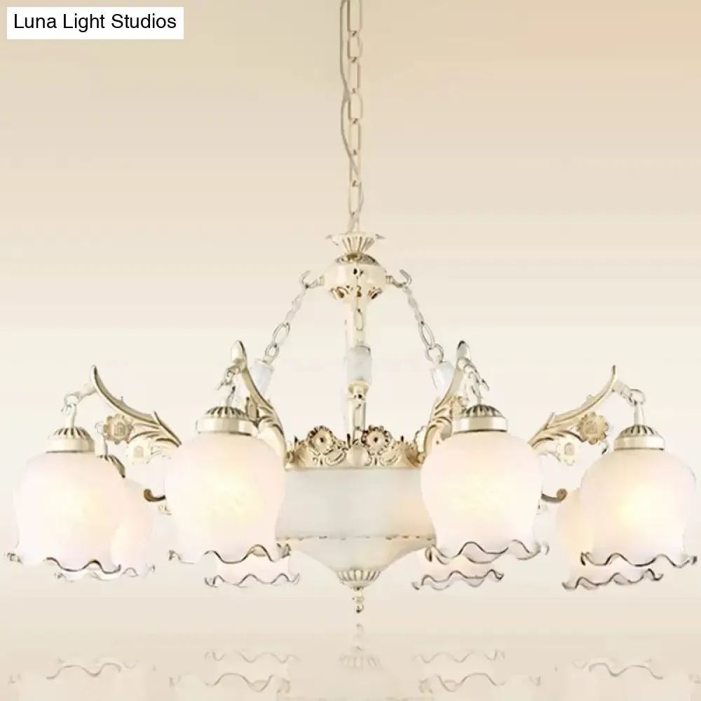 Traditional White Glass Chandelier - Flower Bud Design | Dining Room Drop Lamp, 11 Lights