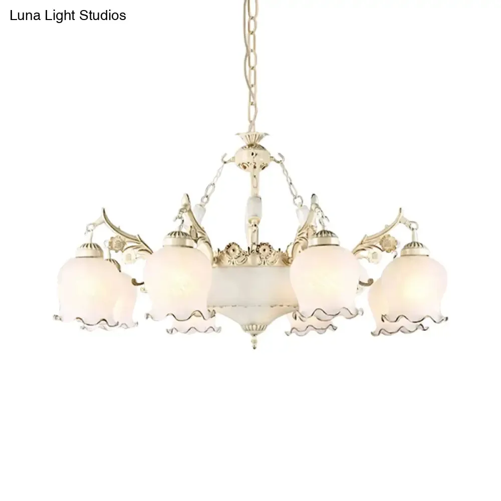 Traditional White Glass Chandelier - Flower Bud Design | Dining Room Drop Lamp, 11 Lights