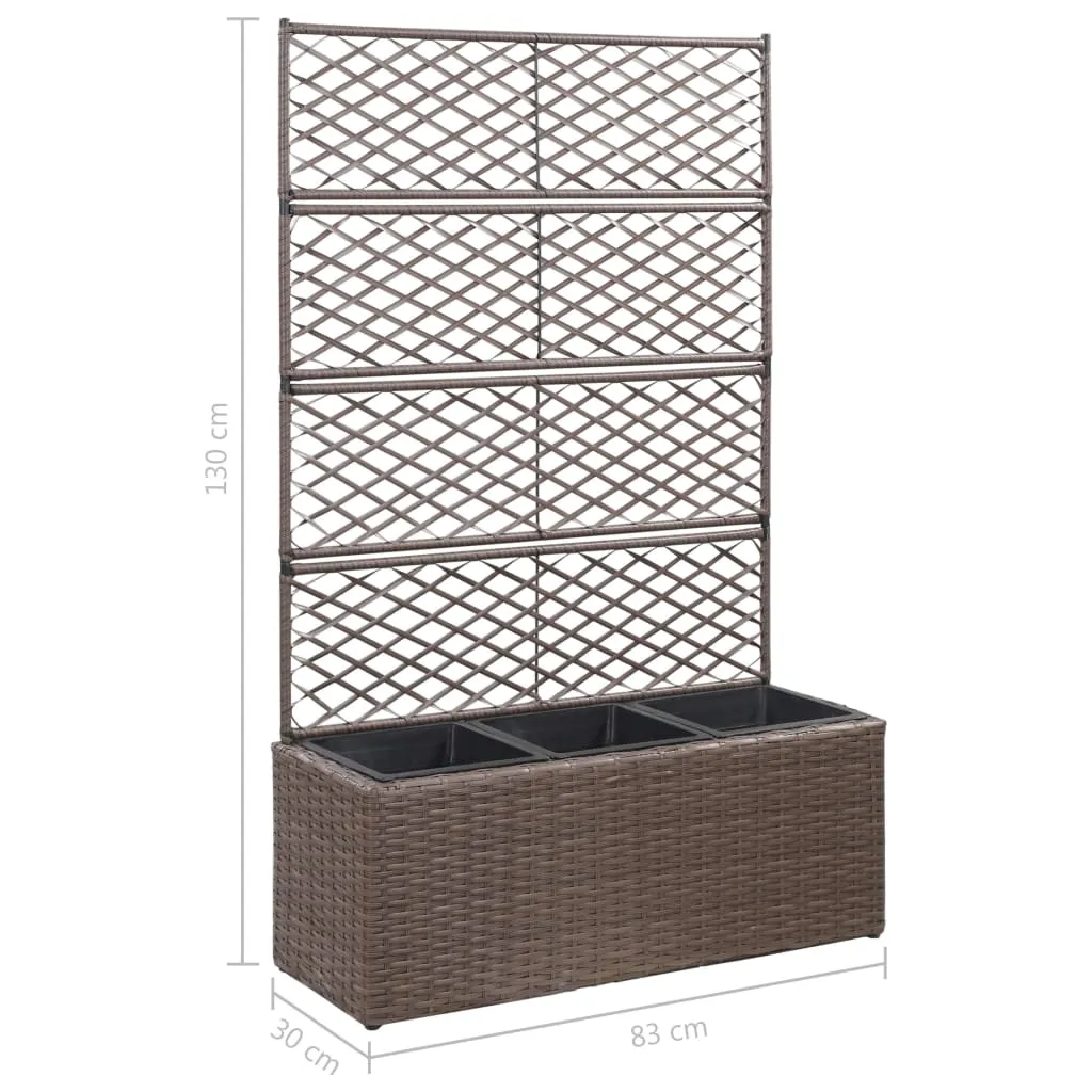 Trellis Raised Bed with 3 Pots 83x30x130 cm Poly Rattan Brown