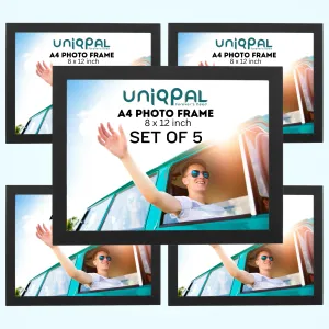 UNIQPAL A4 Size Black Photo Frame for Wall Pictures Set of 5-White Art Set for Big Decoration,Interior Decor Street Walls,Glass Frame for Photos,Large Cheap A4 Painting, Stick-on Certificate