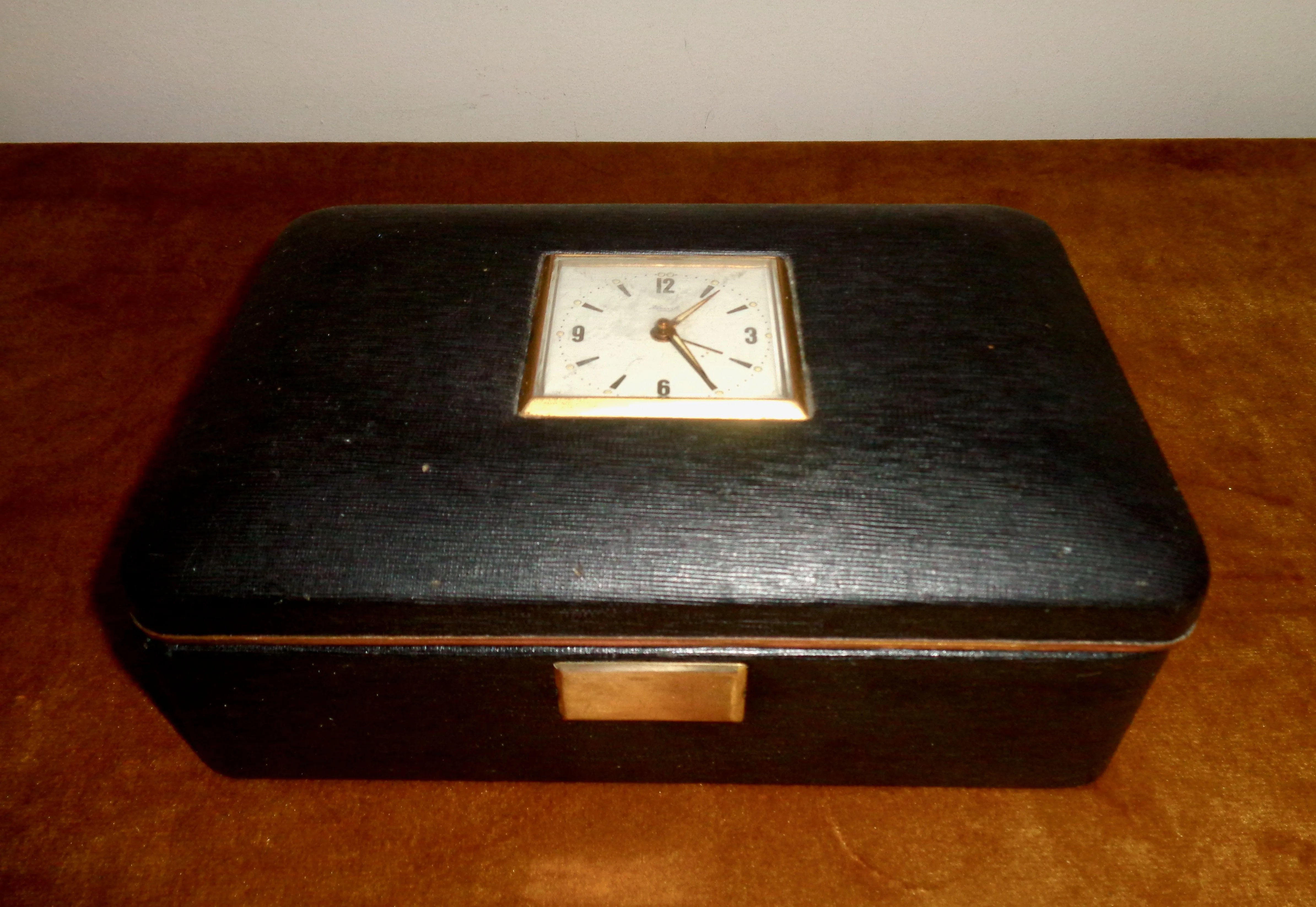 Vintage Kienzle Travel Clock Set In A Metal Jewellery / Cigar Case