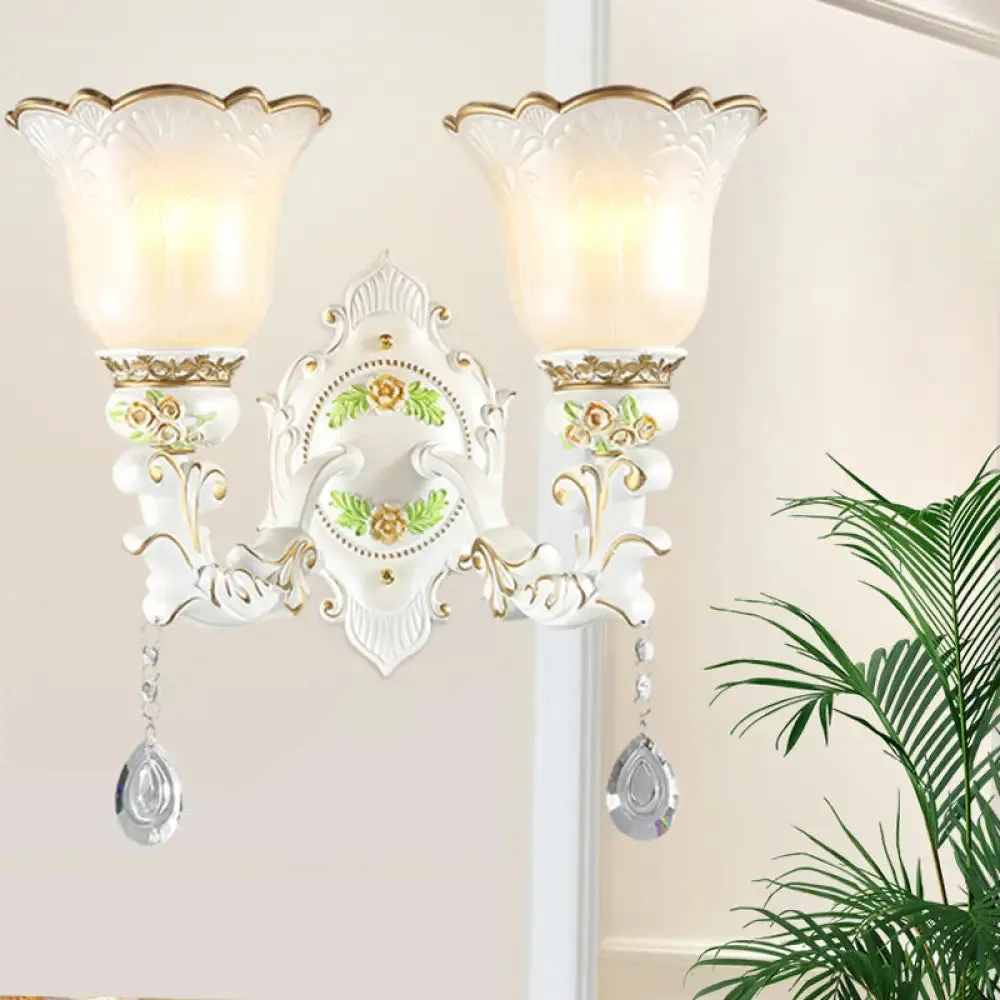 Vintage White Glass Bellflower Sconce with Crystal Drop - 1/2-Light Wall Mount Fixture