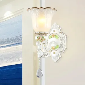 Vintage White Glass Bellflower Sconce with Crystal Drop - 1/2-Light Wall Mount Fixture