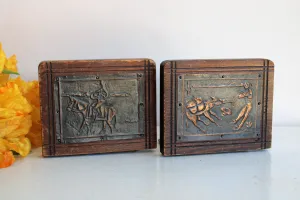 Vintage Wooden Bookends With Pressed Tin Mexican Country Scenes