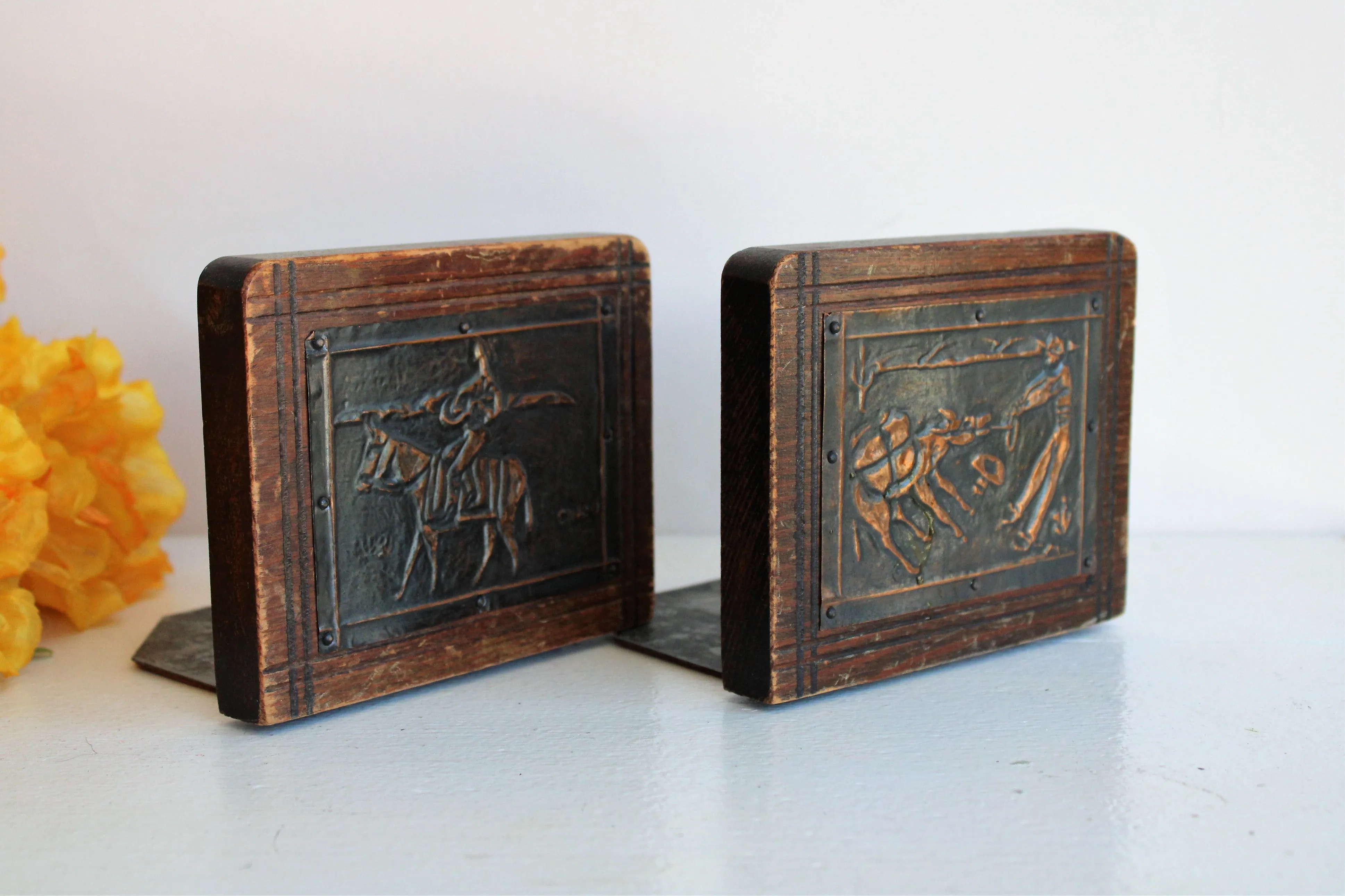 Vintage Wooden Bookends With Pressed Tin Mexican Country Scenes