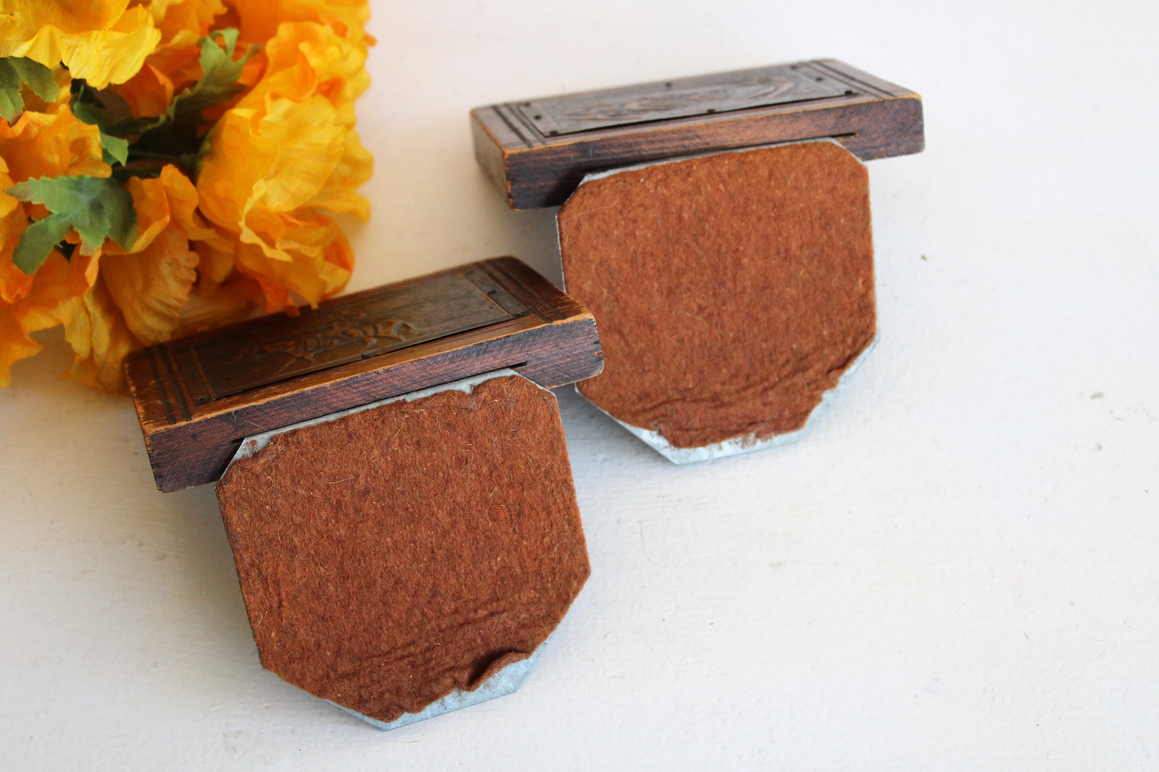 Vintage Wooden Bookends With Pressed Tin Mexican Country Scenes