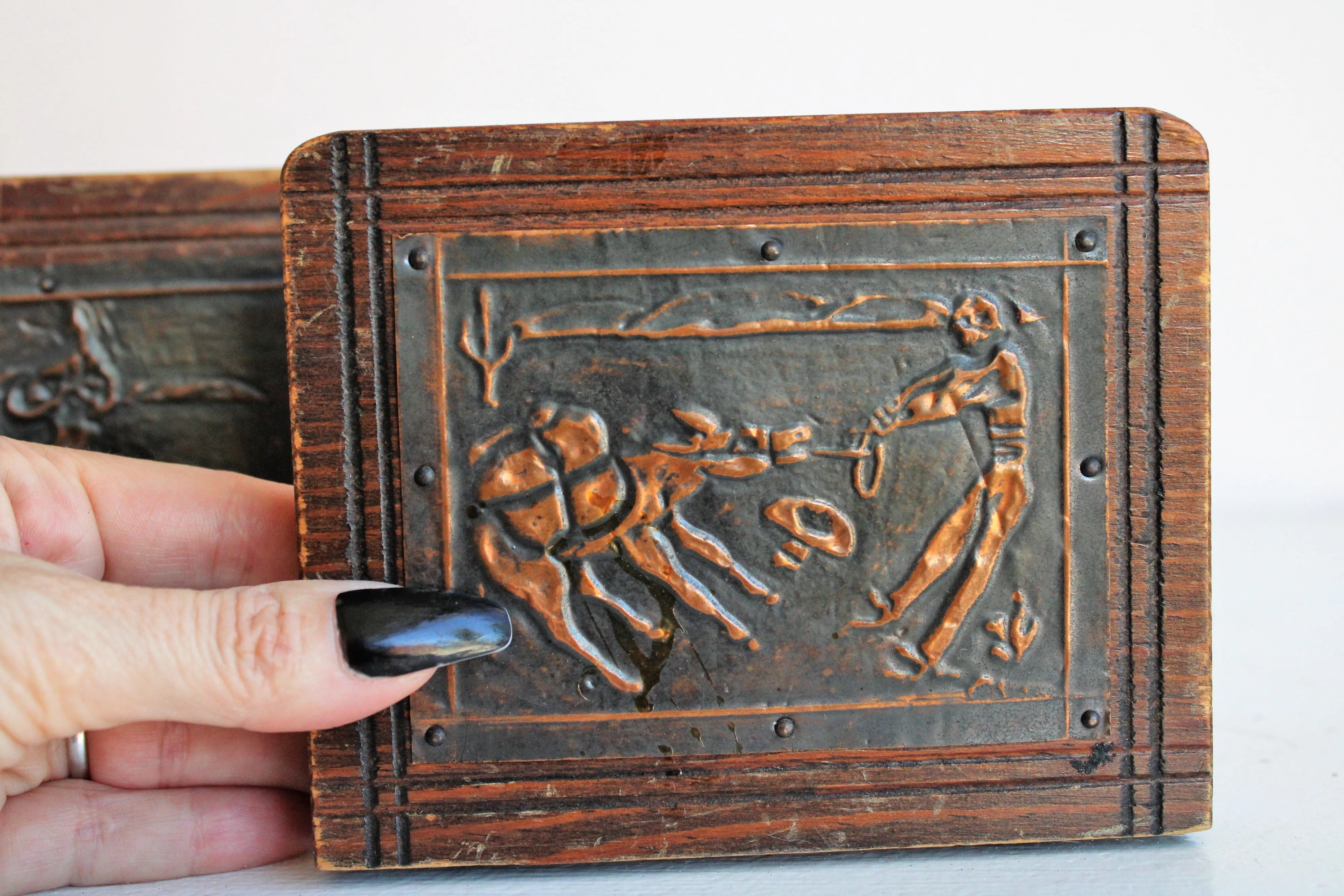 Vintage Wooden Bookends With Pressed Tin Mexican Country Scenes