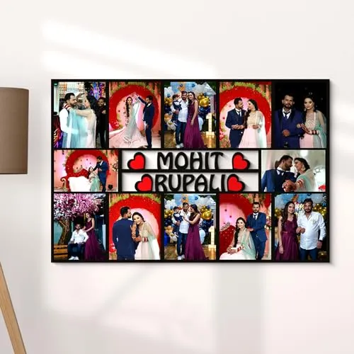 VPRINT QUALITY Couple 12 Photos Personalized Frame with Name | Customized Gifts for Couple | Photo Frame Customised Valentine's Day | Customized Frame for Couples | (Size 12x18 in/Wooden)